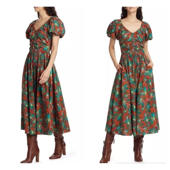 Ulla Johnson Cecile Midi Dress Tropical in Moon Flower Print size 2 puff sleeve - Picture 2 of 16